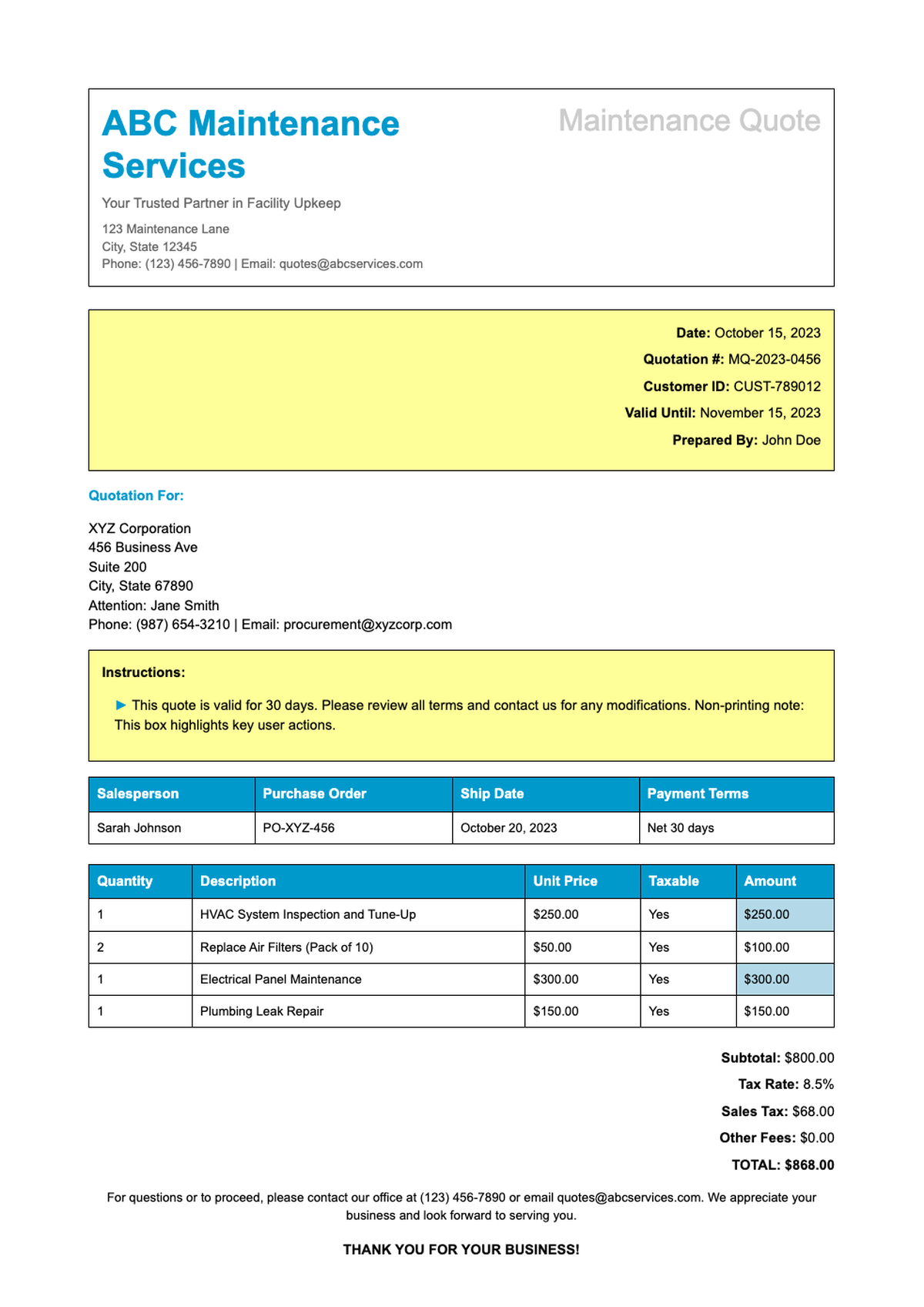 Maintenance quote template with blue headers and tax calculation section_variant_1